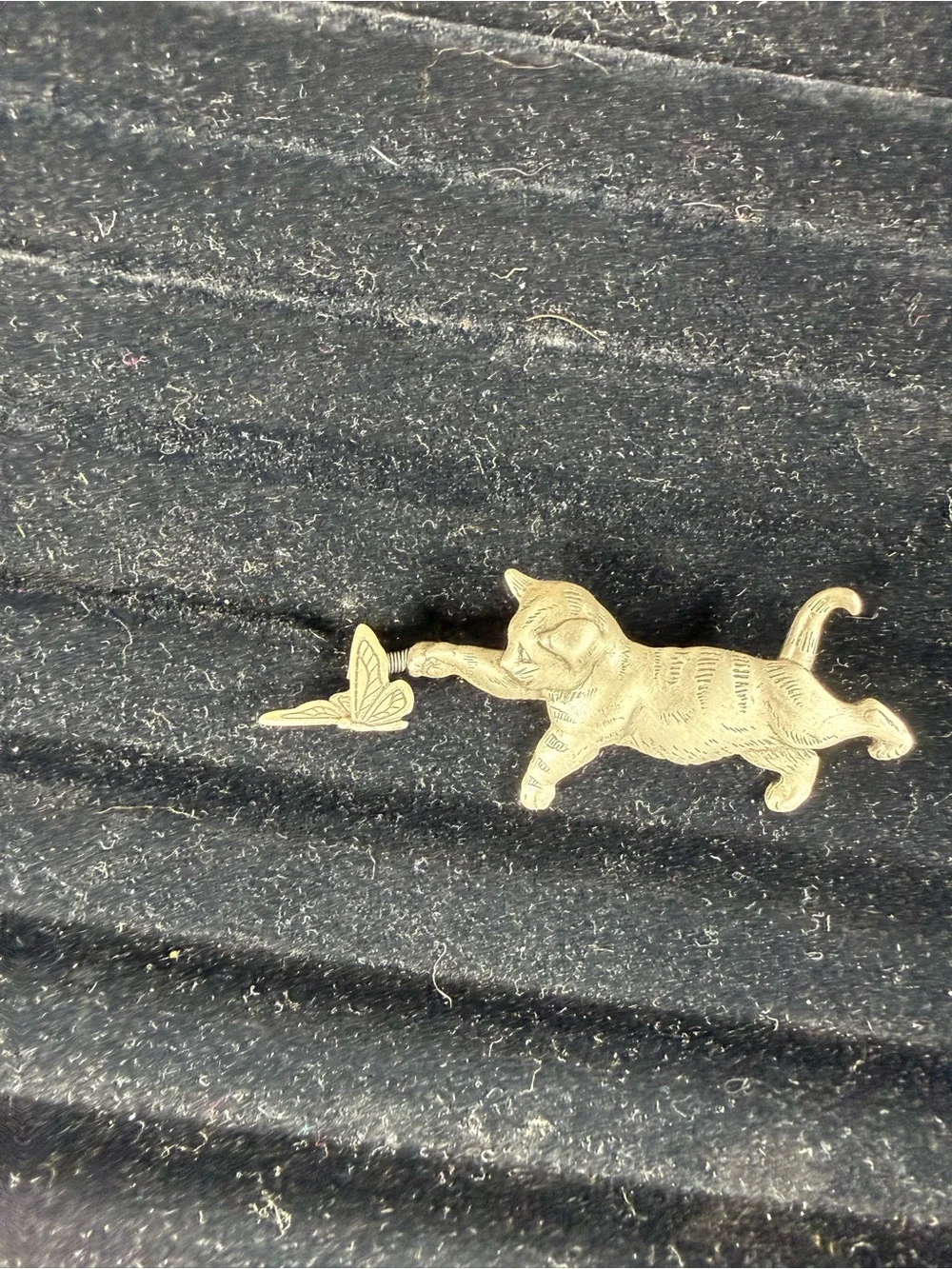 Silver Cat Playing with Butterfly Brooch
